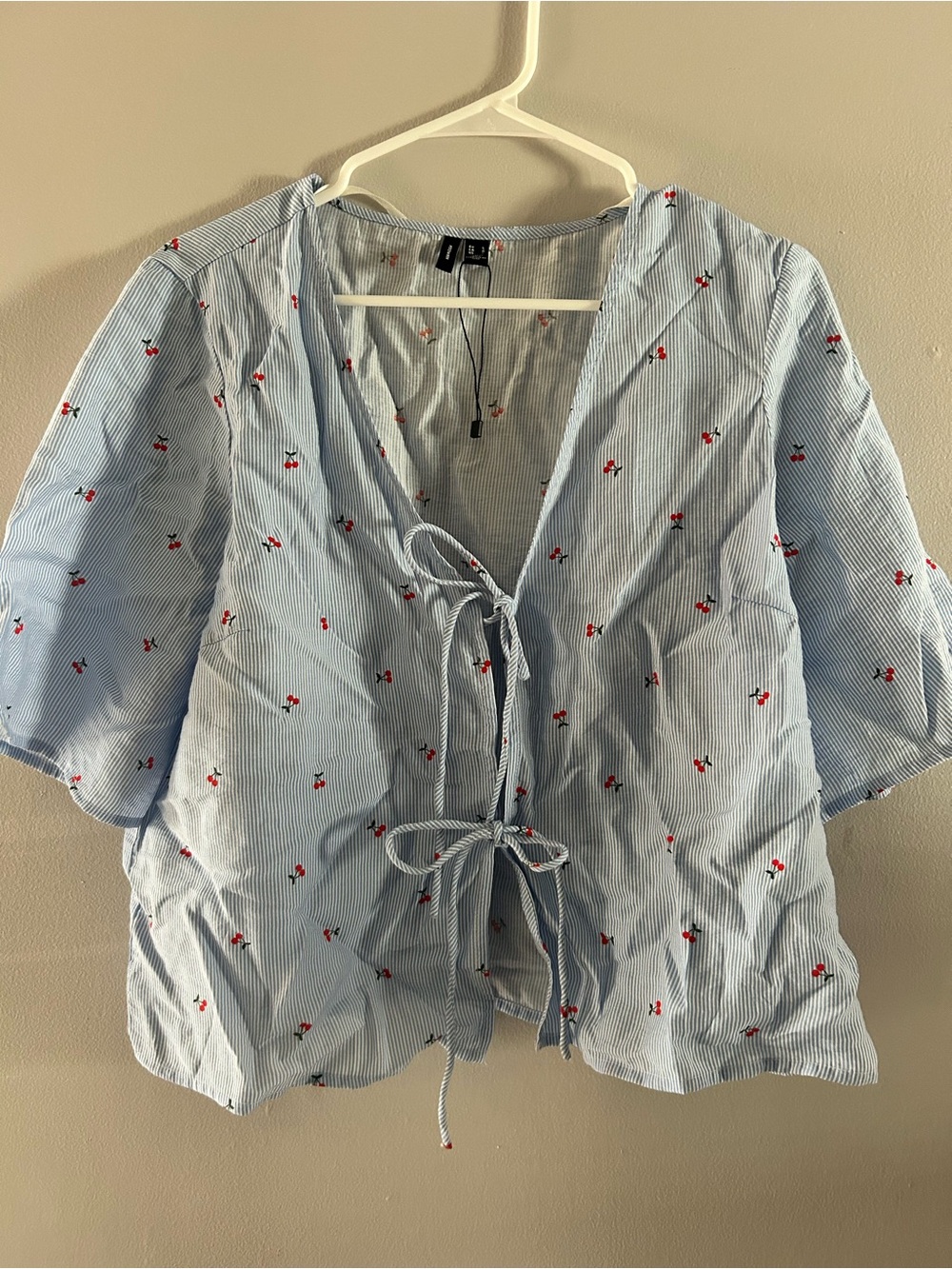 Light Blue Striped Tie-Front Top with Cherry Embroidery